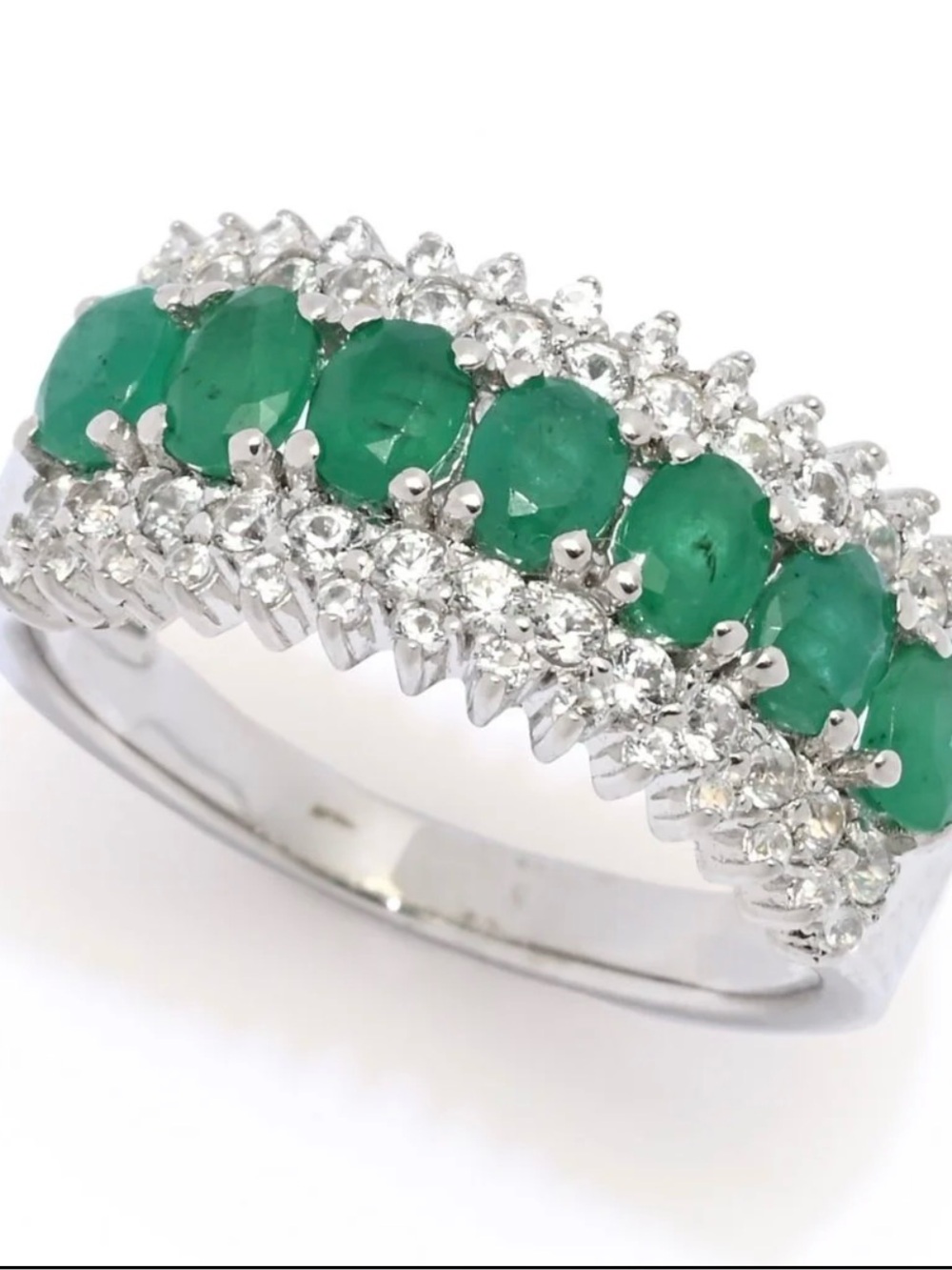 Platinum plated emerald and zircon ring